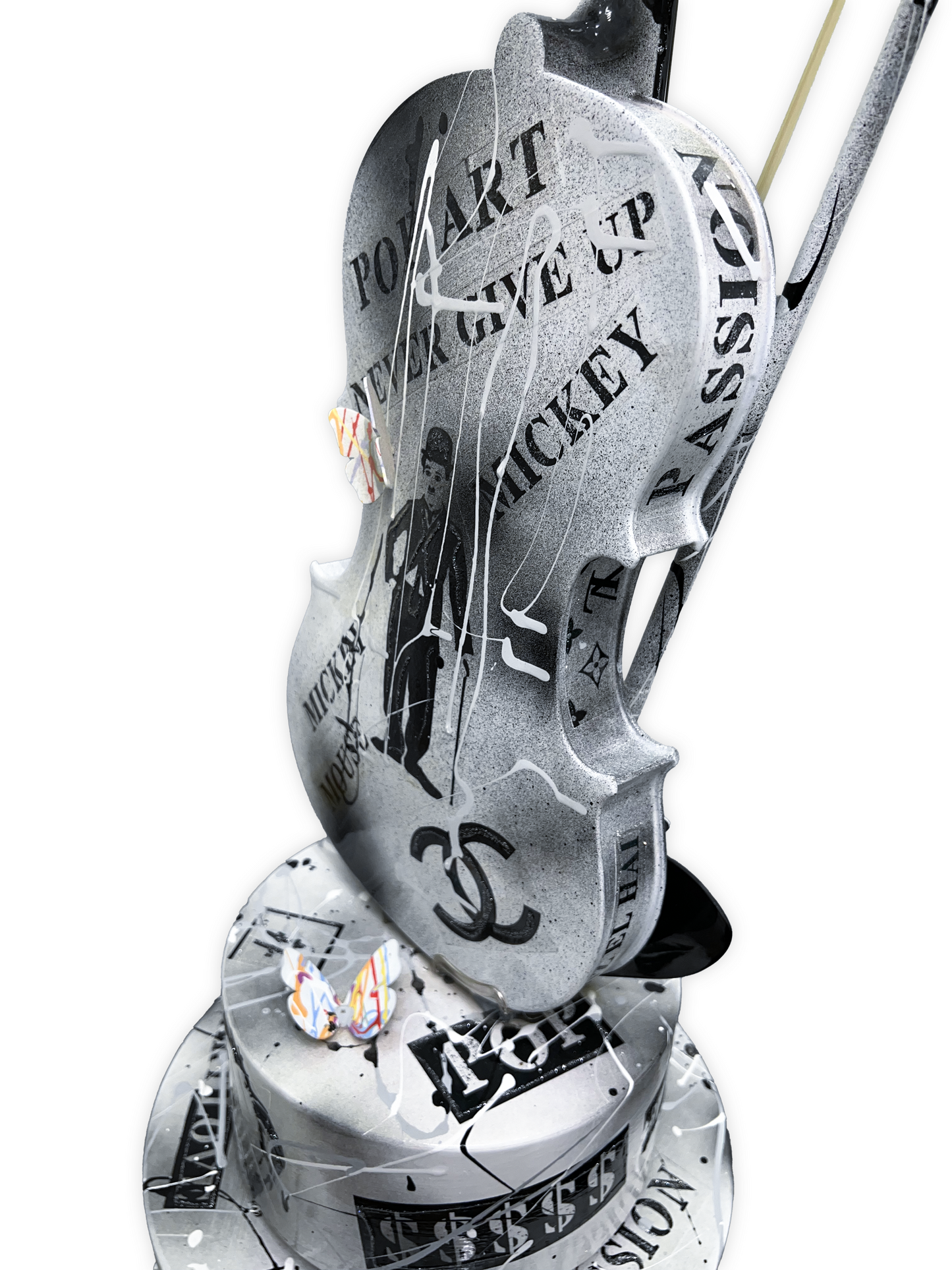 Side view of the Black & White Pop Art Violin Sculpture