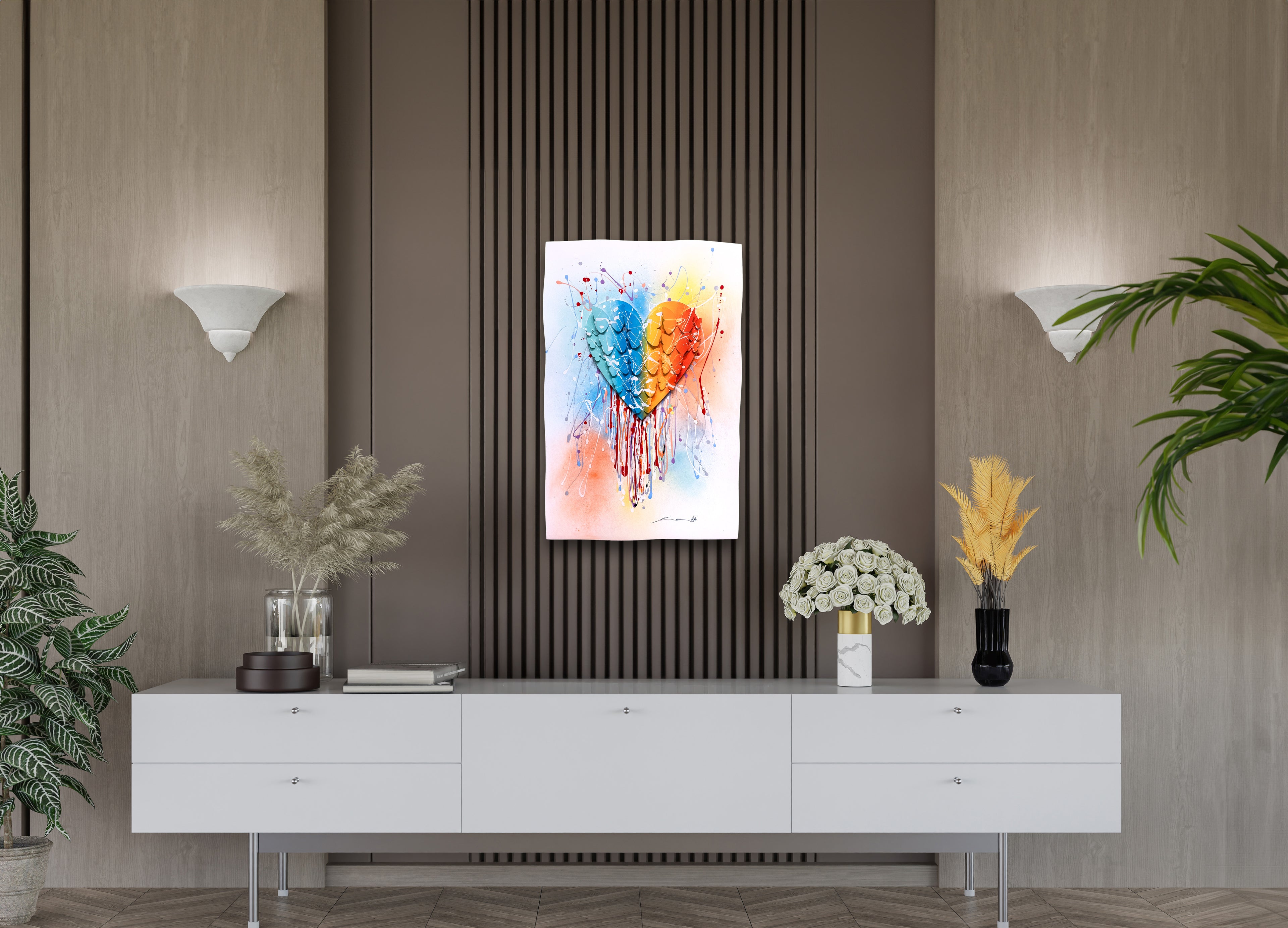 Dripping Colorful Heart hanged on wall in a home niche