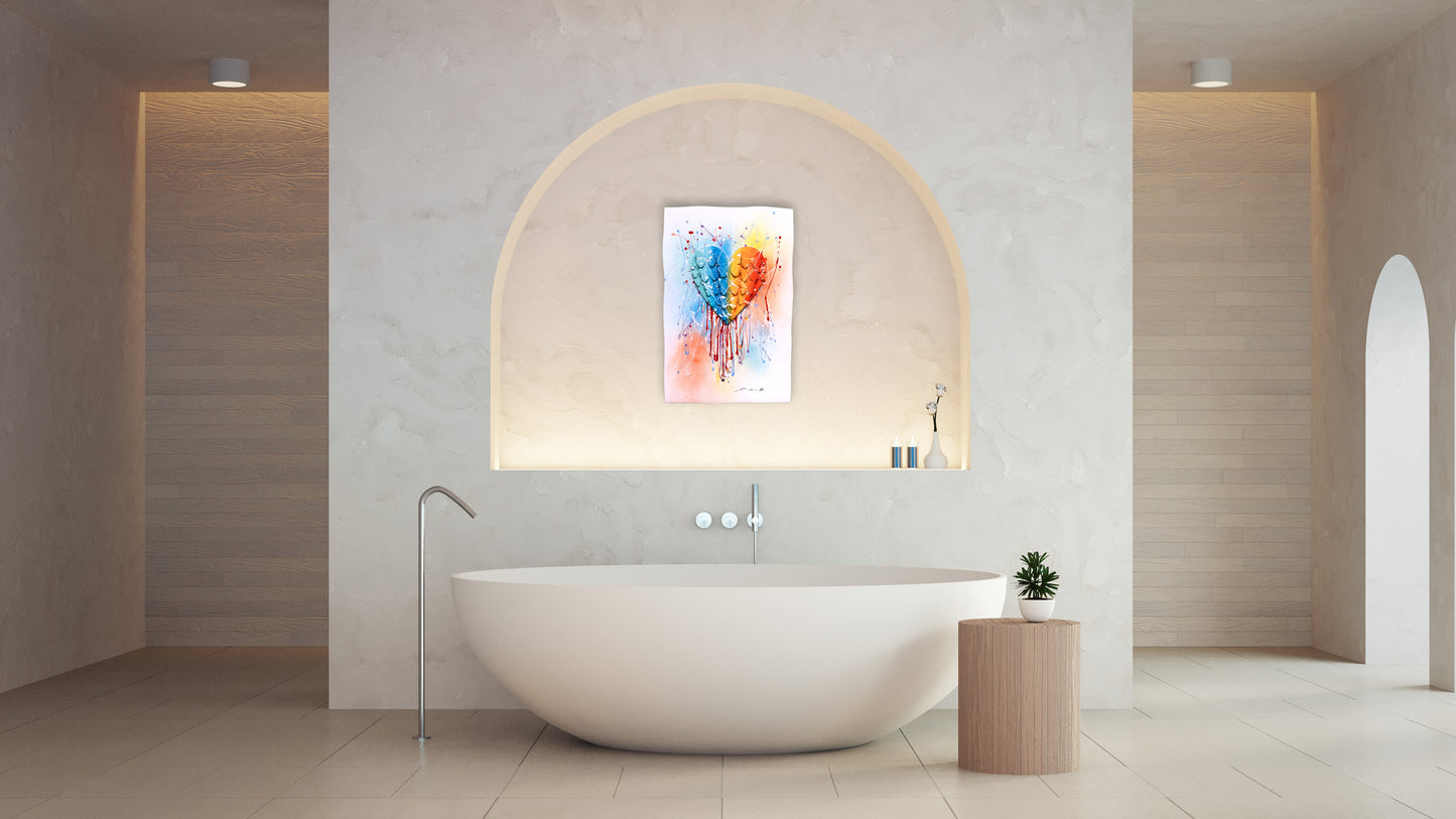 Dripping Colorful Heart hanged above bathtub