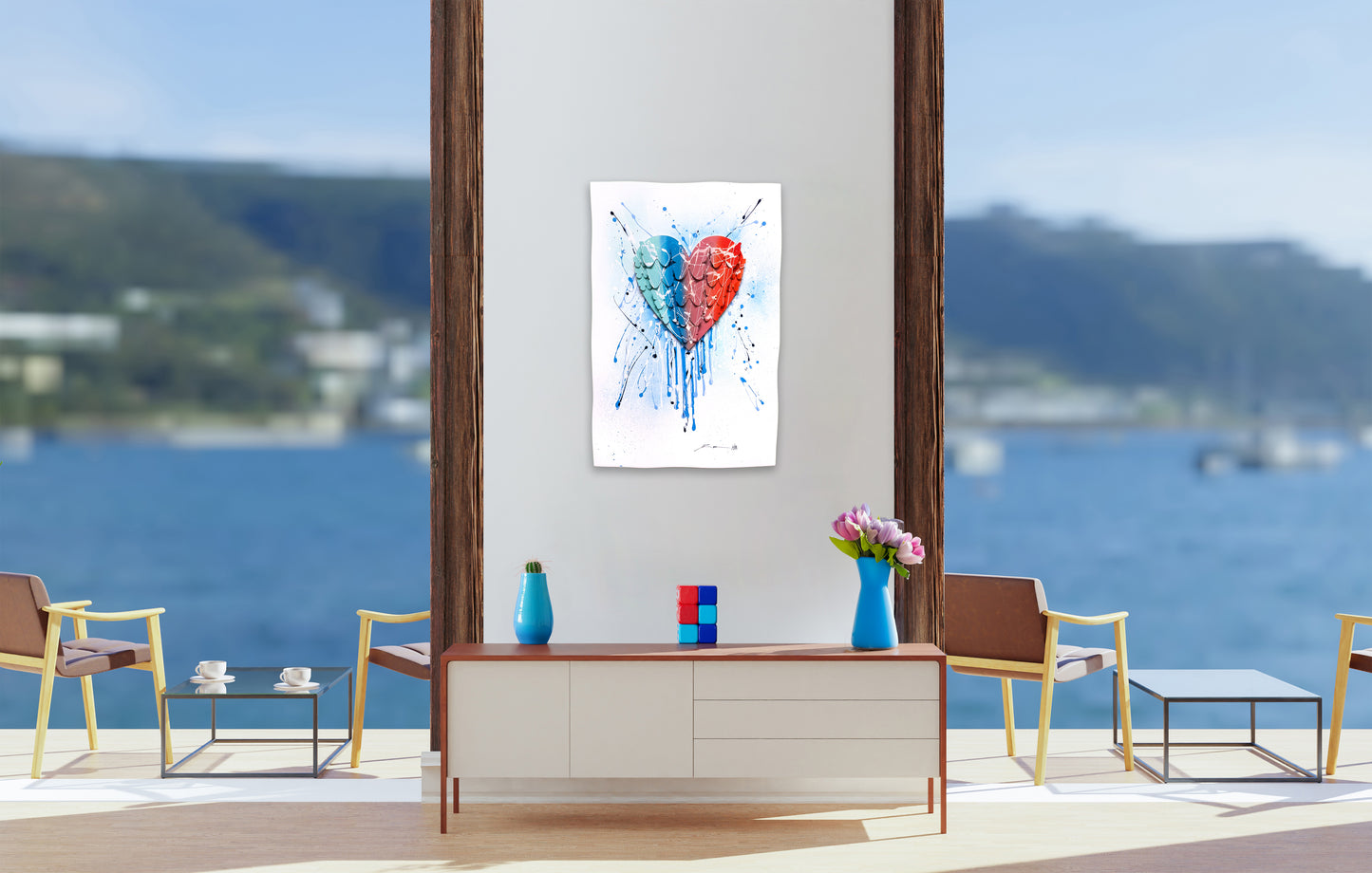 Dripping Colorful Heart hanged on wall with sea view behind