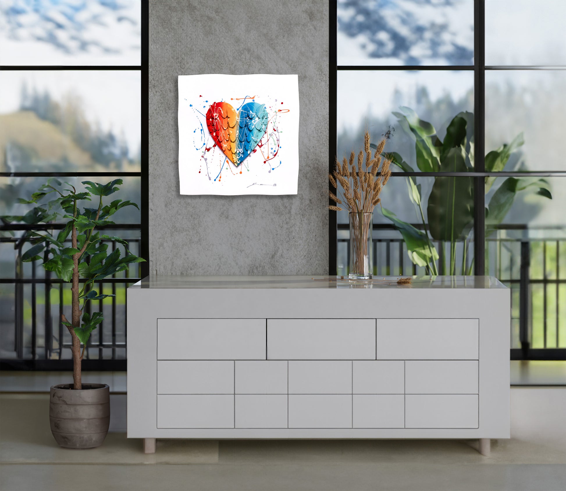 Colorful Heart hanged on wall with nature views behind
