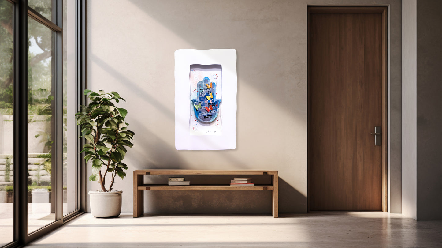 Pop Art Hamsa hanged on a wall in a home niche