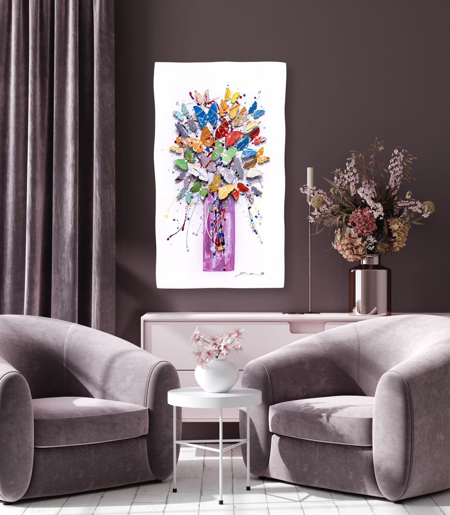 Purple Tree of Life hanged on a wall in an indoor sitting area