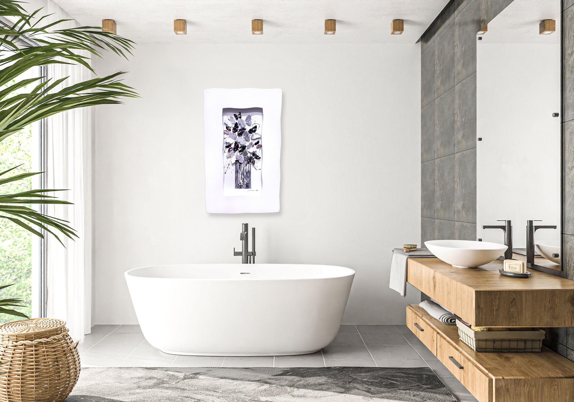 Framed Black & White Tree of Life hanged on a wall above a bathtub