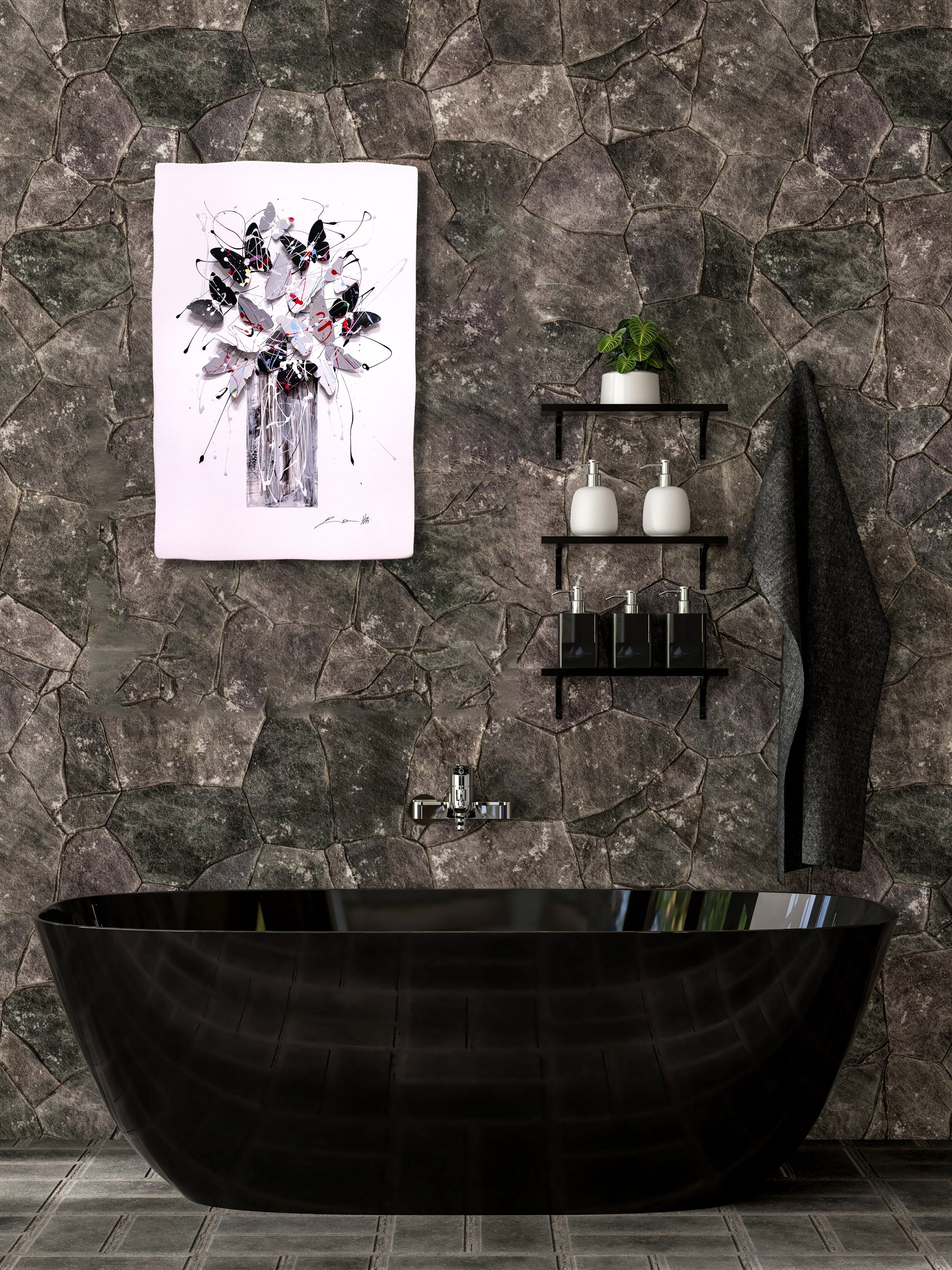 Black & White Tree of Life hanged above bathtub
