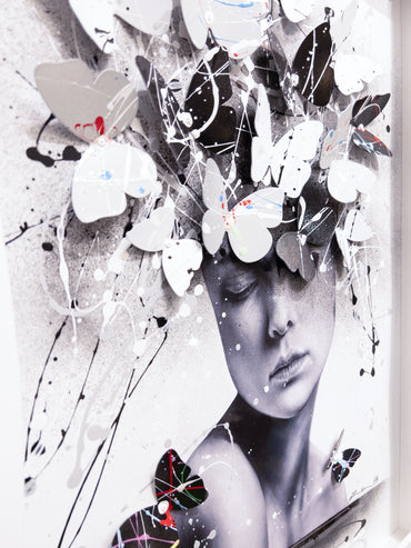 Left side view of the Black & White Butterfly Lady Artwork