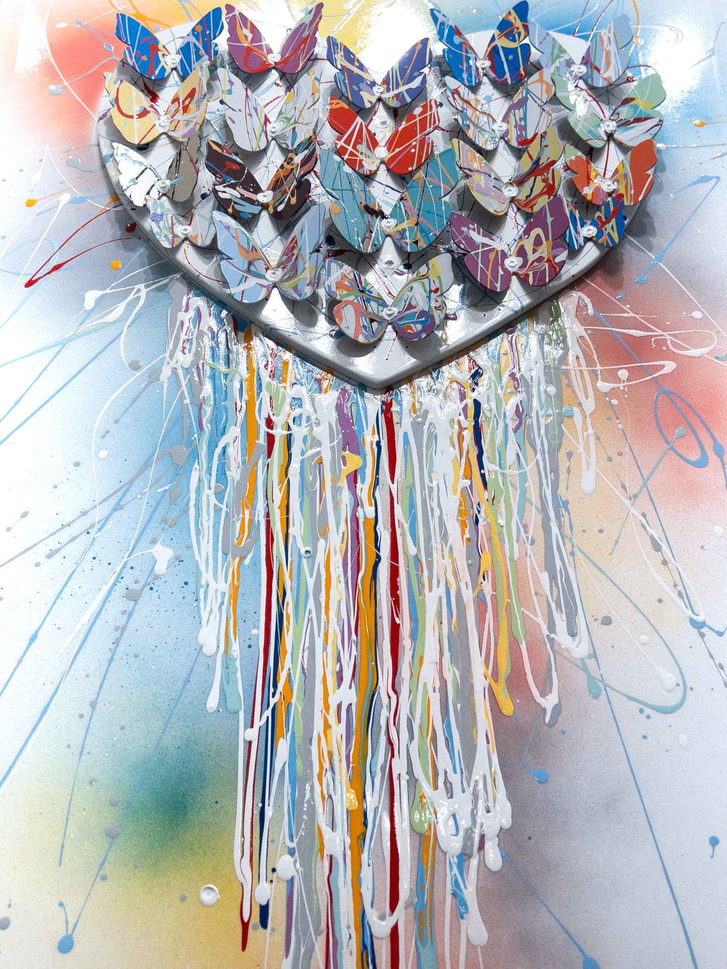 Closeup view of Framed Dripping Colorful Heart artwork