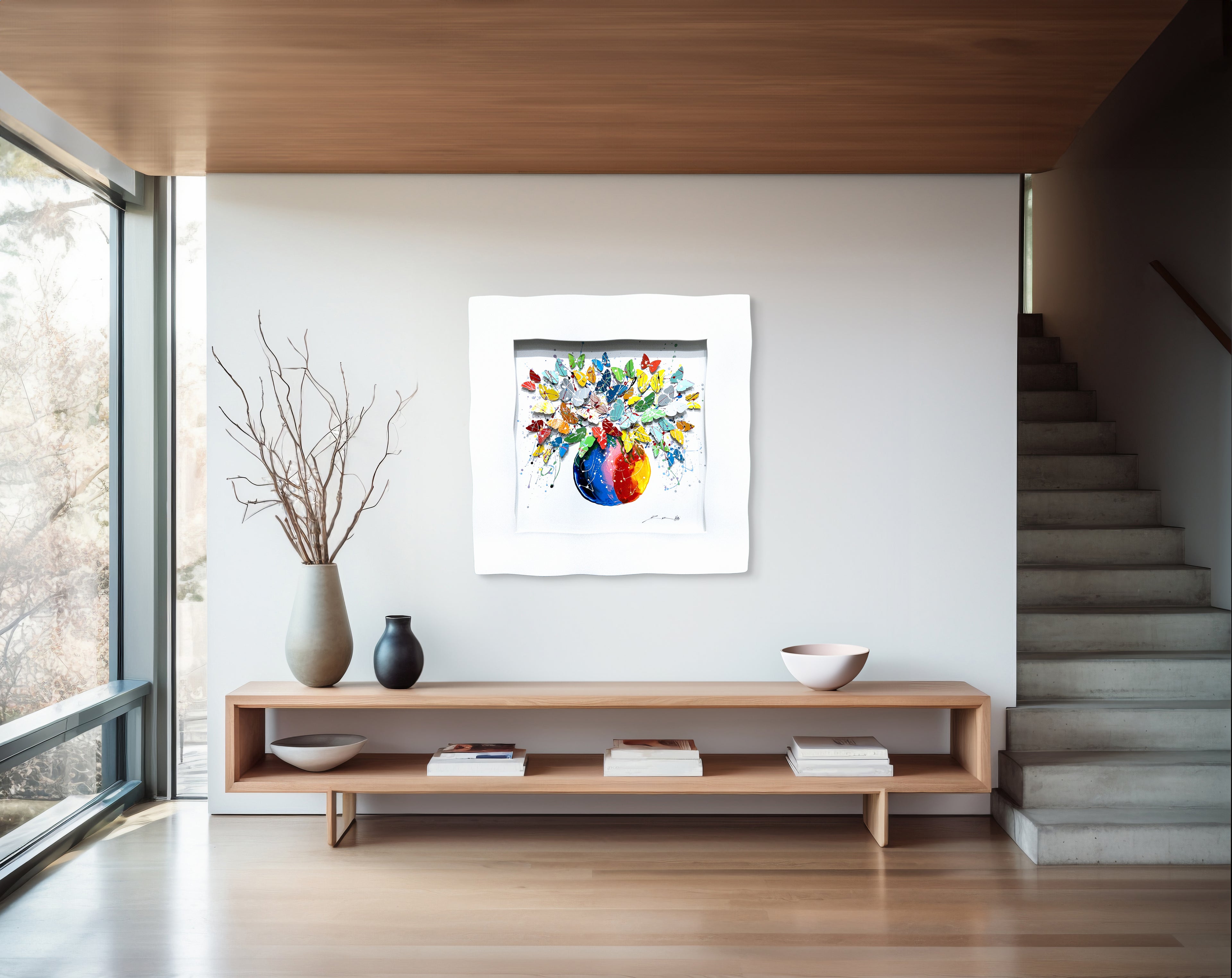 Framed Butterfly Bowl artwork hanged on a wall in a home niche